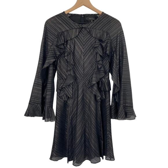 BCBGMAXAZRIA Ruffled Fit & Flare Mini Dress Metallic Lurex Stripe Black NEW XXS - Picture 4 of 13